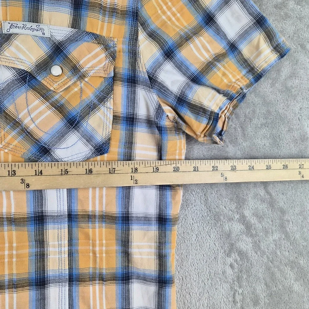 True Religion Rocky Western Shirt Men Large Yellow Blue Plaid Pearl Snap Cotton